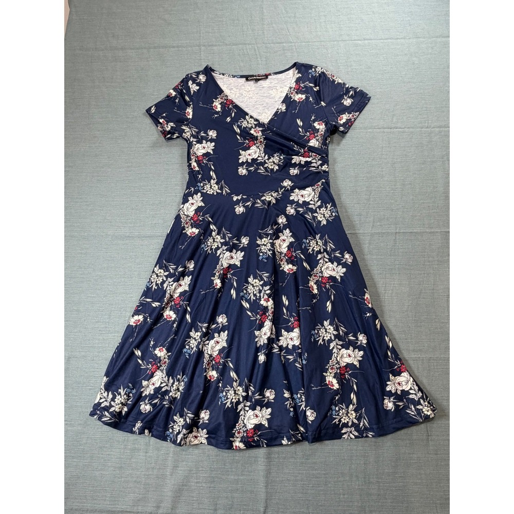Oxiuly Fashion Navy Blue Floral Faux Wrap Fit Flare Dress Large Short Sleeve